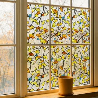 Imagem de ChicSkin Película original para vitrais desenhados à mão, película estática de vidro texturizado de privacidade para banheiro, janela de sacada de cozinha, porta frontal de vidro, Golden Gingko 29 cm