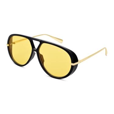 Imagem de NULOOQ Óculos de sol aviador superdimensionados modernos para mulheres e homens, retrô, grande, grande escudos, C6* Armação preta/lente amarela, Large