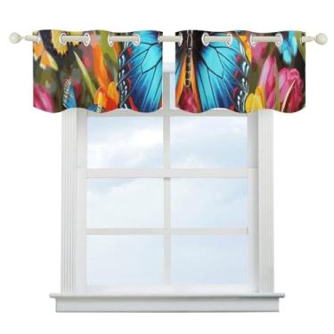 Imagem de Cortina blackout colorida com borboleta e floral, escurecimento de quarto, cortinas de janela curta, isolamento térmico, para cozinha, sala de jantar, quarto, 2 painéis 132 x 46 cm