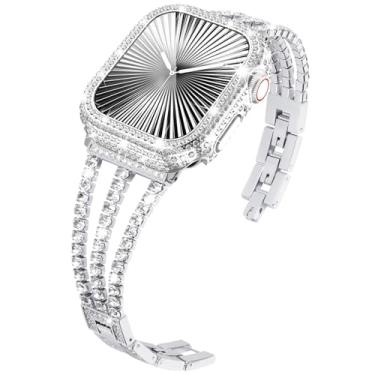 Imagem de KADES Pulseira compatível com Apple Watch com capa série 9 8 7, pulseira de diamante brilhante com diamantes completos, protetor de tela de vidro temperado integrado (41 mm, prata)