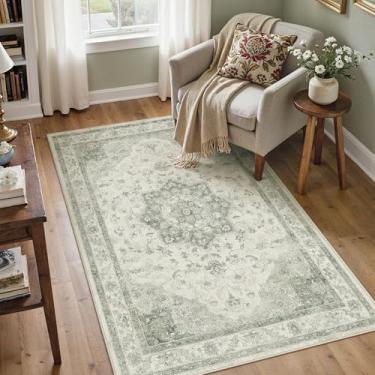 Imagem de PureCozy Tapete verde sálvia, 7,5 x 12,5 cm, lavável, vintage, entrada, escritório, retro, cozinha, pilha, fina, antiderrapante, medalhão oriental, tapete pequeno para banheiro, quarto, sala de jantar