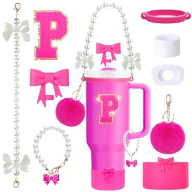 Imagem de Conjunto de acessórios de copo Stanley rosa de 9 peças para copo de 850 g 1,134 g com alça, inclui alça de pérola, topos de palha e bota de laço, pingentes de decoração, adesivo de letra, tampas à