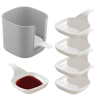 Imagem de AMUSCHAT 6 peças de prato de molho com 1 suporte, prato de tempero de plástico PP com alça, com caixa de armazenamento, tigela pequena para ketchup, soja, lanches