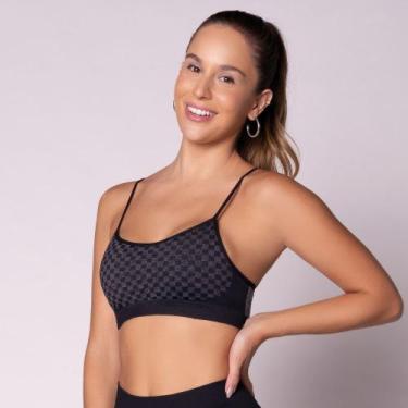 Imagem de Top Selene Quadriculado Fitness Sem Costura Com Bojo Removível, Preto,