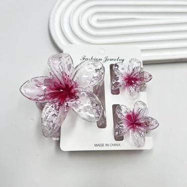 Imagem de 3 peças de grampos de cabelo femininos com flores havaianas vibrantes - fixação segura grande e pequena, acessórios de cabelo florais de plástico brilhante gradiente multicolorido