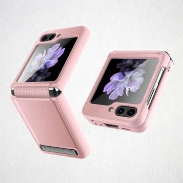 Imagem de Capa para Samsung Galaxy Z Flip 5 Flip5 5G Capa de couro com proteção de dobradiça e película protetora de tela pequena traseira, rosa, para Galaxy Z Flip5