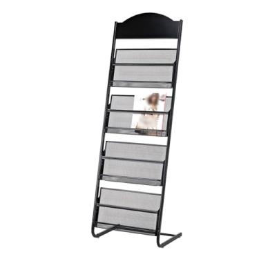 Imagem de Porta-revistas de ferro móvel com rodas – Suporte de exibição de chão de 3/4 camadas para escritórios e feiras – Suporte de folheto elegante para lojas de varejo, cor preta