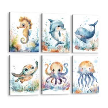 Imagem de Impressão de berçário de animais oceânicos desenho animado tartaruga marinha baleia pôster aquarela animais marinhos pintura em tela decoração de parede quarto infantil (SKU7-6PCS, 12 x 16 polegadas =