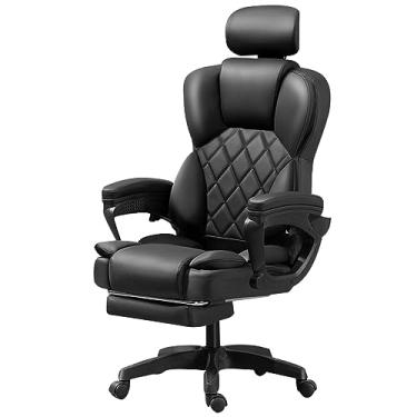 Imagem de Cadeira de escritório ergonômica - Cadeira de mesa de altura ajustável com encosto de cabeça ajustável e apoio para os pés retrátil - Cadeiras de encosto alto couro PU almofada grossa para assento e