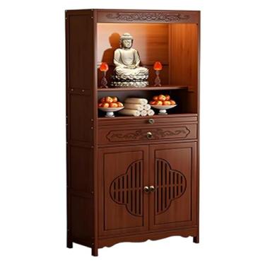 Imagem de Mesa de altar pessoal do santuário com armazenamento - Armário de meditação de Buda chinês, pedestal de queimador de incenso gravado vintage, design aberto, mesa de oferta de 68 cm/26,7"