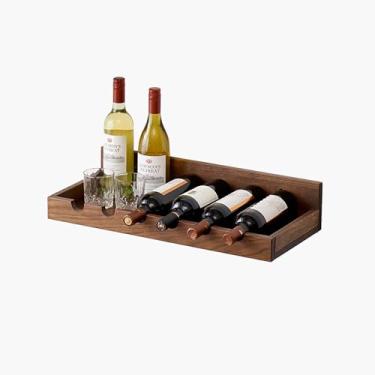 Imagem de Rack de vinho de madeira rústico montado na parede - suporte empilhável de vinho para garrafas e copos, exibição de armazenamento elegante para vinho e champanhe, prateleira flutuante para decoração