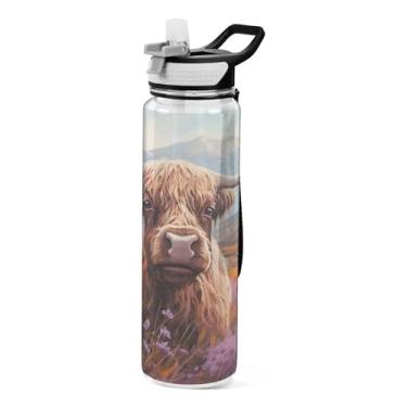 Imagem de Burbuja Garrafa de água Highland Cow Painting de 940 ml com tampa de palha, à prova de vazamento e livre de BPA para academia, esportes ao ar livre