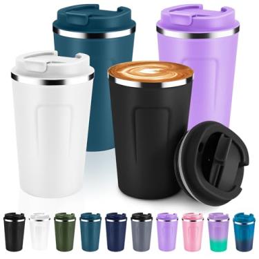 Imagem de Volhoply Caneca de café de viagem isolada a vácuo de parede dupla de 355 ml com tampa dobrável a granel pacote com 4, xícara de café reutilizável à prova de vazamento, copo térmico portátil para