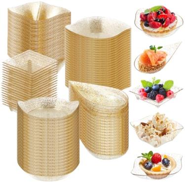 Imagem de Tessco Conjunto de 100 minipratos de sobremesa, pratos descartáveis para aperitivos de formas variadas, mini colheres de plástico para festa de casamento, aniversário (ouro)