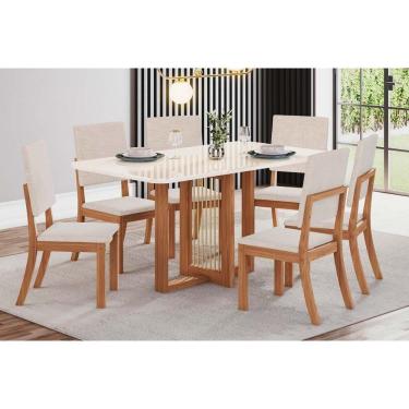 Imagem de Sala De Jantar Completa Natalí C- Tampo Madeirado C- Vidro Curvo 160x90cm E 6 Cadeiras Milla Nature-veludo Light Linho - Henn