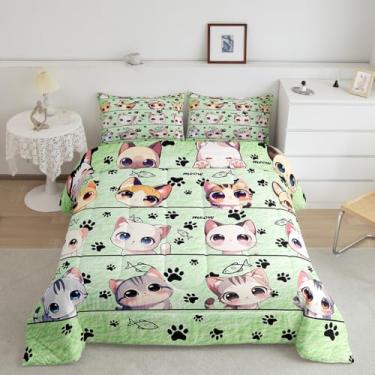 Imagem de Jogo de cama fofo de gato, para meninos e meninas, animas, verde-claro, todas as estações, aconchegante, conjunto de edredom para decoração de quarto, presente de aniversário personalizado