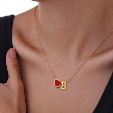 Imagem de Colar de coração com inicial para mulheres, pingente de letra A-Z personalizado com pingente de coração esmaltado vermelho, joia de corrente de ouro delicada para mulheres, 45+5cm, Aço inoxidável, Sem