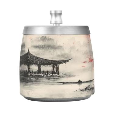 Imagem de Qilmy Cinzeiro de aço inoxidável com tampa para pintura a tinta estilo chinês - Cinzeiro de cigarro à prova de vento sem cheiro sem fumaça para casa, escritório, carro, pátio, varanda (uso interno e