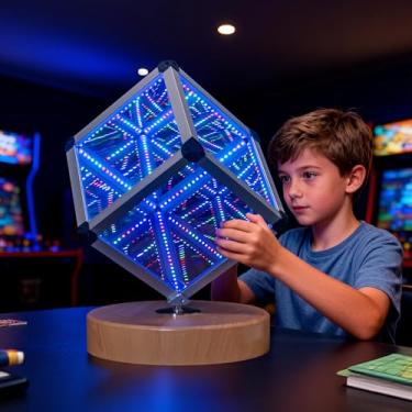 Imagem de SENTAUR Luz LED Infinity Cube – Lâmpada de cubo mágico giratório 3D com base de madeira, luminária de mesa ajustável com cor RGB e reativa ao som, luz noturna sensorial amigável e calmante para