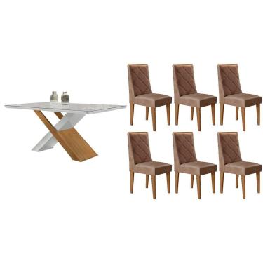 Imagem de Sala Jantar Mesa Imperatriz Tampo c/ Vidro Curvo 180cm+6 Cadeiras Pietá Madeira Naturale/Off White - Capuccino/Corano Capuccino - Rufato