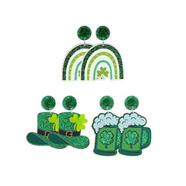 Imagem de 3 pares de brincos de dia de São Patrício para mulheres e meninas, brincos de trevo verde trevo chapéu irlandês trevo brincos de pino de trevo leve joias de presente para o dia de São Patrício, Medium, Acrílico, Sem Pedra Preciosa