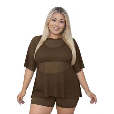 Imagem de Blusa Tule Feminina Fitness Academia Plus Size Marrom Cor:MarromTamanh