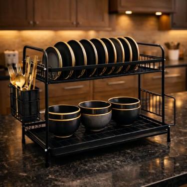 Imagem de Escorredor de Louças Preto com 2 Andares em Aço INOX e exclusivo Porta Talheres