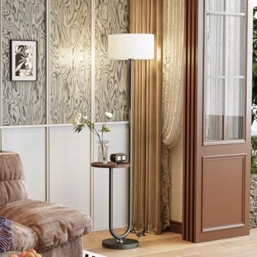 Imagem de Floresita Luminária de chão de 159,8 cm com mesa marrom, abajur branco vintage com interruptor de pé de bandeja, lâmpada LED de 3 temperaturas de cores incluída, para sala de estar, quarto