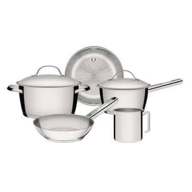 Imagem de Kit Jogo de Panelas Allegra 65660280 com Caçarola Frigideira Fervedor Cozi-Vapore Aço Inox Inox 1,4L a 3,1L