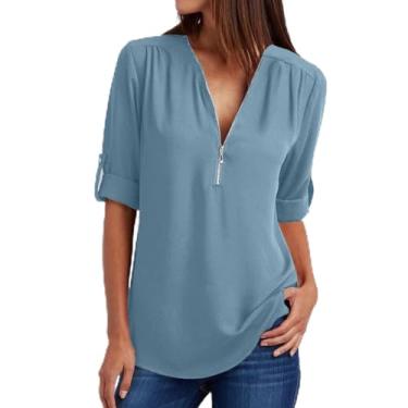 Imagem de Camisetas femininas de chiffon gola V para mulheres, caimento solto, longa, básica, outono, verão, 2024, moda Y2K, V-486 Azul royal, 5X-Large