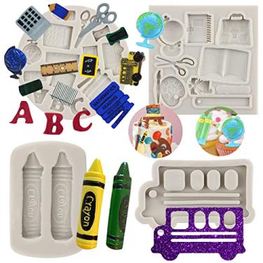Imagem de Sijiangmold Volta às aulas moldes de silicone fondant doces ônibus escolar livro tesoura caneta desenho paleta molde de giz de cera para cupcake topo decoração de bolo chocolate doce artesanato pasta