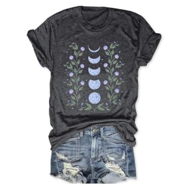 Imagem de Camiseta feminina com estampa de flores boêmias, vintage, estampa de flores silvestres, casual, botânica, manga curta, Cinza escuro - 5, P