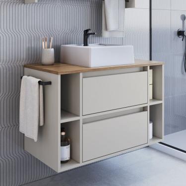 Imagem de Gabinete de Banheiro Suspenso 80cm com 4 Nichos 1 Toalheiro 1 Porta 1 Gaveta Bh8010 com Cuba Mel/Arenas