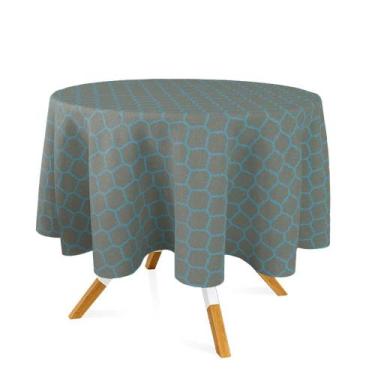 Imagem de Toalha de Mesa Redonda em Tecido Jacquard Azul e Dourado Geométrico Tr