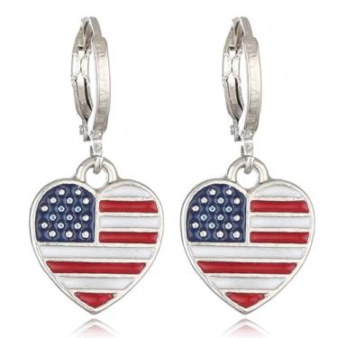 Imagem de Brincos de pressão patrióticos com bandeira dos EUA, vermelho, branco, azul, bandeira americana, botas cruzadas, chapéus, borboleta, diamante, pingente de gota, presente para o dia da independência de