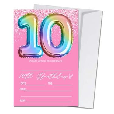 Imagem de Wybgno Convite de aniversário de 10 anos rosa para meninas 20 peças com glitter convite de aniversário impressão arco-íris cartões de convite com envelopes, suprimentos de festa de aniversário (4 × 6