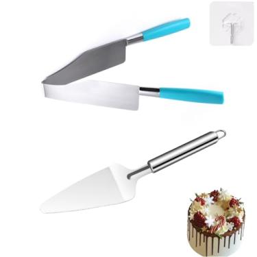 Imagem de KKpxafl Conjunto de 2 peças de cortador de bolo multifunções, espátula de bolo de aço inoxidável e 1 gancho, conjunto de servidor de bolo de aço inoxidável para bolos, pizza e sobremesas (azul)
