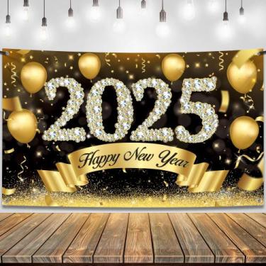 Imagem de Banner Feliz Ano Novo 2025 KatChon - 72x44 polegadas com Fita