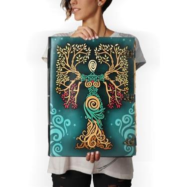 Imagem de TUZECH Livro de feitiços de couro encadernado com borda de baralho, papel Grimório impresso, caderno espiral gótico, antigo, livro vintage para homens e mulheres, 55 cm (verde escuro)