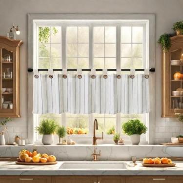 Imagem de Cortinas de cozinha listradas, cortinas de linho para casa de fazenda, topo de aba, boho, rústico, filtro de luz, cortina curta para janela pequena, cortina curta para café, banheiro, quarto, 1 painel