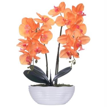 Imagem de YSZL Grande planta de orquídea artificial em vaso, arranjo de flores de seda com vaso de cerâmica, laranja