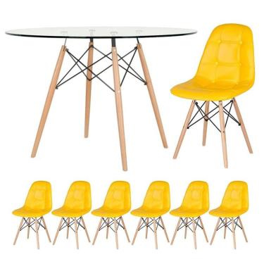 Imagem de Mesa Eames Com Tampo De Vidro 120 Cm + 6 Cadeiras Estofadas Eiffel Botonê Amarelo