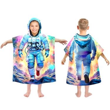 Imagem de Toalhas de praia com capuz para crianças de 2 a 6 anos, lindo tema astronauta para meninos, saída de banho para banheiro, poncho de toalha de banho azul de secagem rápida de 56 x 66 cm, perfeito para