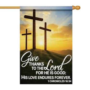 Imagem de Starlit Patio Bandeira da Casa Cristã 71 x 101 cm Give Thanks To The Lord Garden Flag Crônicas 16:34 Cruz Dupla Face Nascer do Sol Yard Banner Exterior Alpendre Ração Religiosa EUA Casa Jardim Igreja