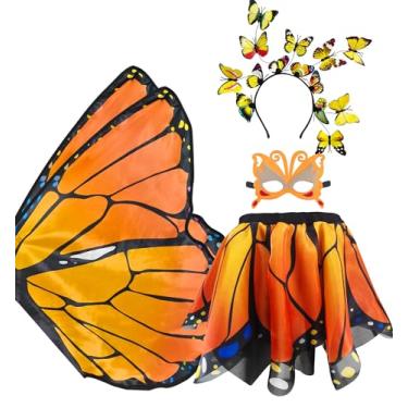 Imagem de Fantasia dupla face de asas de borboleta de fada para meninas com saia tutu, 4 peças de roupas para presentes para festa de Halloween de 3 a 8 anos, Laranja-chama, 60cm*120cm