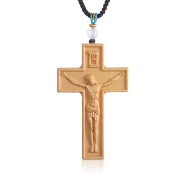 Imagem de KOMI Colar de cruz de crucifixo de madeira para homens e mulheres INRI Colar com pingente de cruz de Jesus Cristo, joias religiosas, presentes católicos