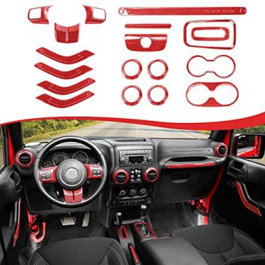 Imagem de CheroCar Kit de acabamento interno 18 peças para Jeep Wrangler JK JKU 2011-2018 4 portas, capa de volante, capa de suporte de copo de acabamento de ventilação de ar condicionado, moldura de botões de mudança de marcha, fibra de carbono vermelha..