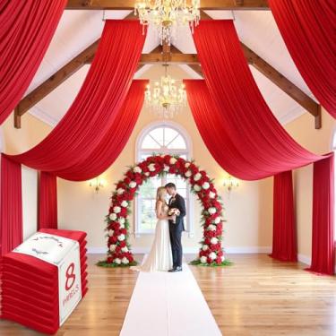 Imagem de Cortina de teto vermelha de 40 pés × 20 pés para festas de casamento, tecido drapeado de poliéster sem rugas, cortina vermelha para festa, barraca, hotel, banquete, salão, decoração de teto, 8 painéis