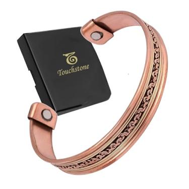 Imagem de Touchstone cobre magnético forjado à mão com correntes de estilo tibetano de calibre sólido e alto padrão elegância minimalista pulseira de cobre puro em dois tons