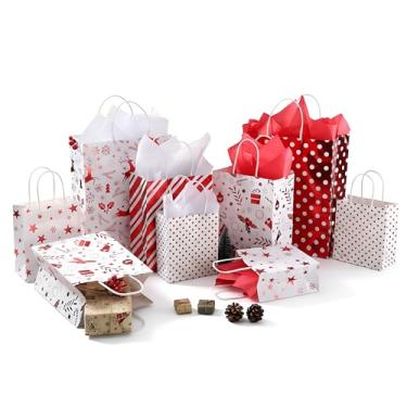 Imagem de Humyoun Pacote com 24 sacos de papel para presente de tamanhos e desenhos variados com alça e papel de seda, 3 tamanhos e várias cores para presente de Natal, aniversário, chá de bebê, casamento